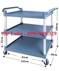 Xe đẩy phục vụ nhựa xám 3 tầng thanh tròn size lớn