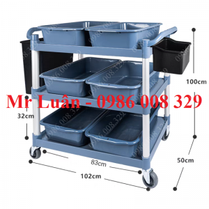 Xe đẩy nhựa xám thanh tròn size lớn có 6 thau và 2 thùng gắn