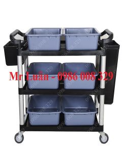 Xe đẩy phục vụ nhà hàng có khay xô nhựa