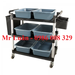 Xe dọn bàn ăn nhựa đen thanh tròn có 6 khay 2 thùng treo