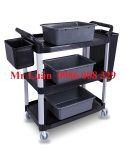Xe dọn bàn ăn nhựa đen thanh vuông góc có 3 khay 2 thùng