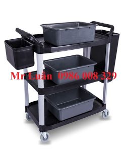 Xe dọn bàn ăn nhựa đen thanh vuông góc có 3 khay 2 thùng