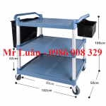 Xe đẩy dọn bàn nhựa xám size lớn có 2 thùng gắn