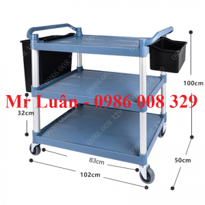 Xe đẩy dọn bàn nhựa xám size lớn có 2 thùng treo