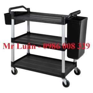 Xe đẩy phục vụ nhựa đen có thùng gắn