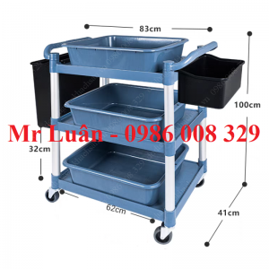 Xe đẩy nhựa xám size nhỏ có 3 khay 2 thùng treo