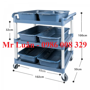 Xe đẩy thu dọn thức ăn nhựa xám size lớn có 6 thau nhựa