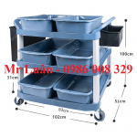 Xe đẩy nhựa xám thanh vuông góc có 6 khay 2 thùng treo