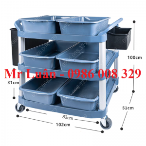 Xe đẩy nhựa xám thanh vuông góc có 6 khay 2 thùng treo