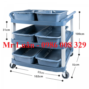 Xe đẩy nhựa xám thanh vuông góc có 6 thau nhựa