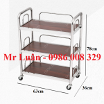 Xe đẩy inox 3 tầng mặt gỗ có thanh chắn
