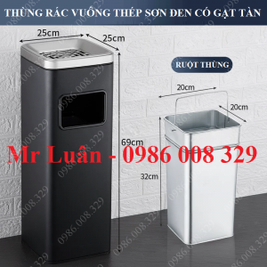 Thùng rác vuông thép sơn đen có gạt tàn