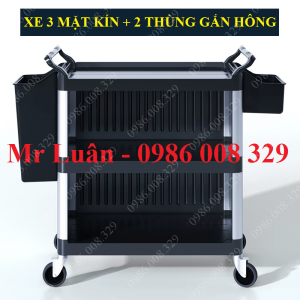 Xe dọn bàn ăn 3 mặt kín có 2 thùng gắn hông
