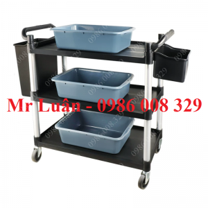 Xe dọn thức ăn nhựa đen size lớn có 3 khay 2 thùng treo