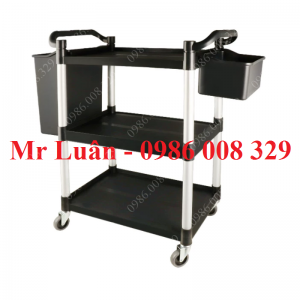 Xe dọn thức ăn nhựa đen size nhỏ có 2 thùng treo