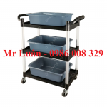 Xe dọn thức ăn nhựa đen thanh tròn size nhỏ có 3 khay