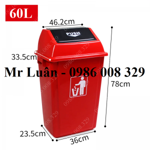 Thùng rác nhựa đỏ nắp đẩy 60L