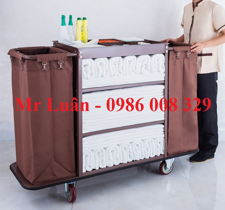 Xe đẩy thu dọn làm buồng dọn phòng cho khách sạn loại 1 túi treo và 2 túi treo