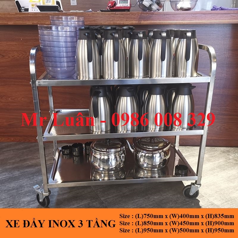 Xe đẩy phục vụ inox 3 tầng - Mẫu xe đẩy inox đa năng phục vụ và thu dọn đồ ăn cho nhà hàng khách sạn
