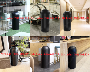 Thùng rác tròn nắp hở màu đen - Mẫu thùng rác tròn bỏ rác trực tiếp để sảnh hành lang chân cầu thang cửa thang máy nhà hàng khách sạn